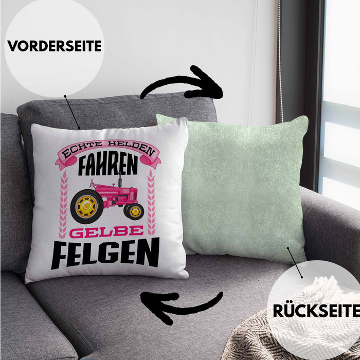 Landwirtin Spruch Frau Geschenk Kissen mit Füllung 40x40 Landwirtschaft Geschenke für Männer Traktor Spruch Echte Felgen (Grau) Grün Trendation