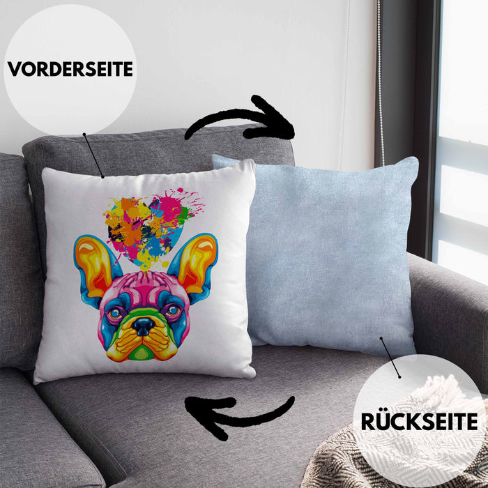 Französische Bulldogge Herz Farbe Besitzer Kissen mit Füllung 40x40 Geschenk Lustiger Spruch Geschenkidee Französische Bulldogge Liebhaber (Grau) Blau Trendation