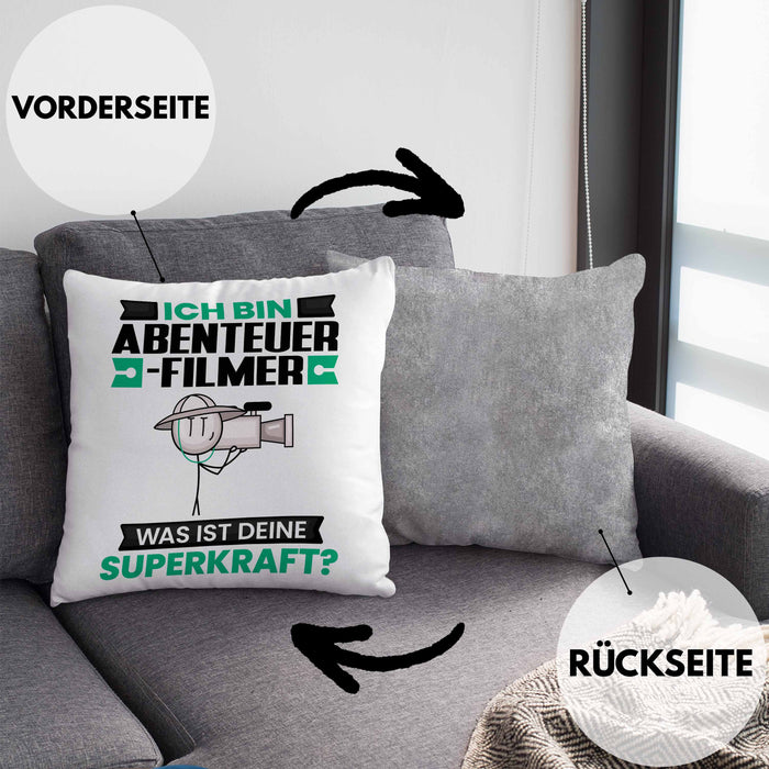 Abenteuerfilmer Kissen mit Füllung 40x40 Geschenk für Abenteuerfilmer Geburtstag Lustiger Spruch Was Ist Deine Superkraft (Grau) Grau Trendation