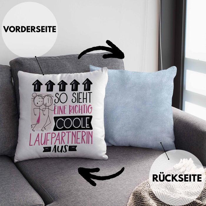 Laufpartnerin Geschenk Kissen mit Füllung 40x40 Lustig Geschenkidee für Laufpartnerin Geburtstag So Sieht Eine Richtig Coole Laufpartnerin Aus Frauen Spruch (Grau) Blau Trendation