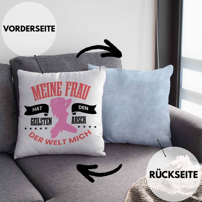 Lustige Kissen mit Füllung 40x40 "Meine Frau Hat Den Geilsten Arsch Der Welt - Mich" Witziges Geschenk für den Partner (Grau) Blau Trendation