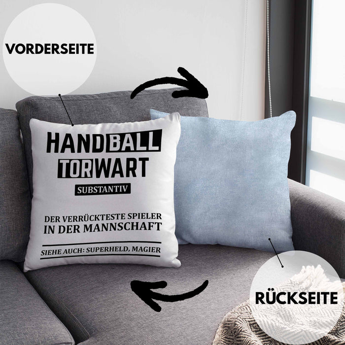 Handball Torwart Geschenk Kissen mit Füllung 40x40 Geschenkidee Handball-Spieler Handballspielerin Mädchen Jungs (Grau) Blau Trendation