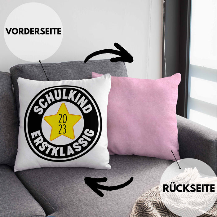 Schulkind Erstklassig Einschulung Junge Mädchen Geschenk Schultüte Füllung Kissen mit Füllung 40x40 Schulstart 1. Schultag Schuleinführung Schulanfang Geschenkidee Schulkind 2024 (Grau) Rosa Trendation