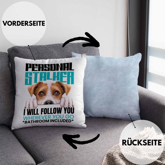 Jack Russell Besitzerin Kissen mit Füllung 40x40 Geschenk Lustiger Spruch Geschenkidee Personal Stalker (Grau) Blau Trendation