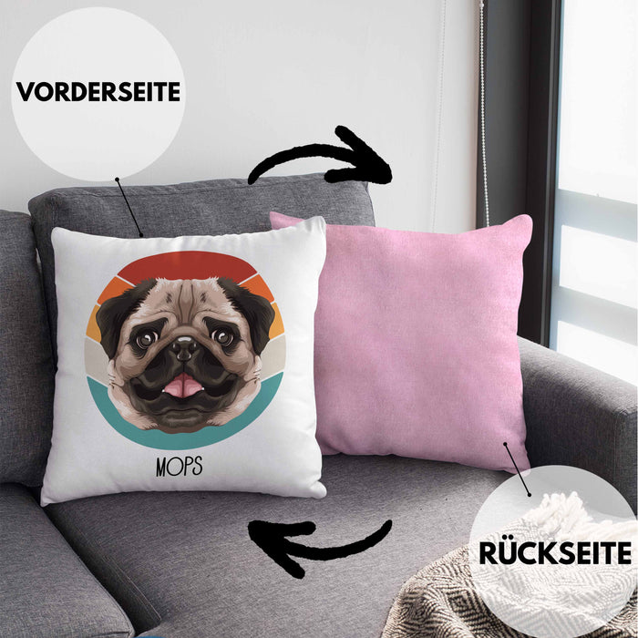 Mops Besitzer Kissen mit Füllung 40x40 Geschenk Lustiger Spruch Geschenkidee Mops Mama Papa (Grau) Rosa Trendation