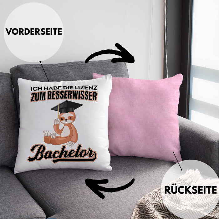 Bachelor Geschenk Abschluss Kissen mit Füllung 40x40 Spruch Master Abitur Abi Graduation Bestanden Prüfung Lizenz zum Besserwisser (Grau) Rosa Trendation