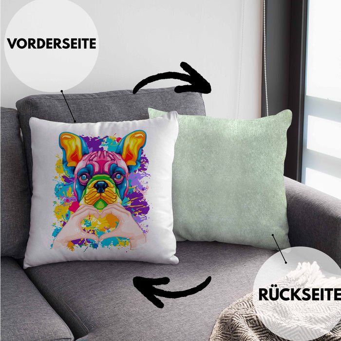 Französische Bulldogge Besitzer Farbe Love Kissen mit Füllung 40x40 Geschenk Lustiger Spruch Geschenkidee Französische Bulldogge Besitzerin (Grau) Grün Trendation