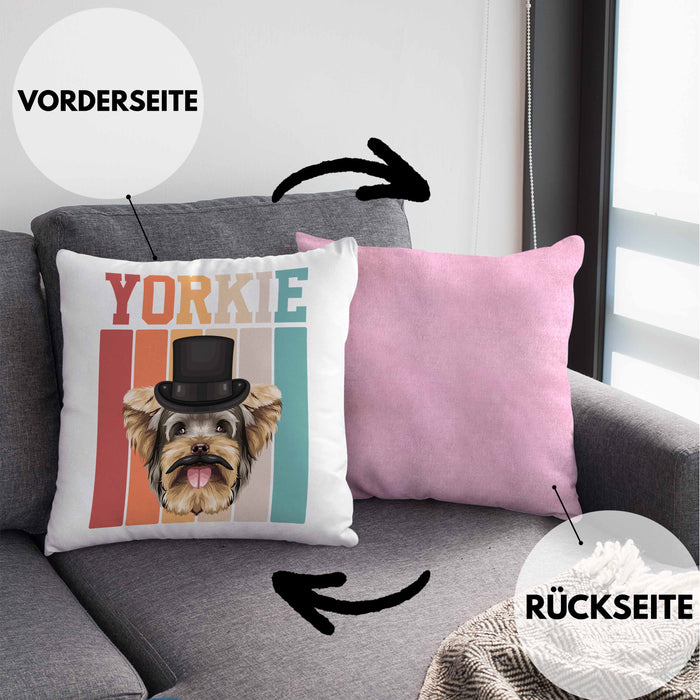 Yorkie Besitzer Kissen mit Füllung 40x40 Geschenk Lustiger Spruch Geschenkidee Retro Vinatge Yorkie (Grau) Rosa Trendation