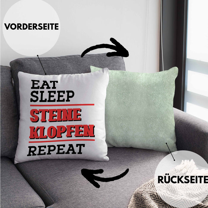 Steinmetz Kissen mit Füllung 40x40 Geschenk Spruch Geschenkidee Eat Sleep Steine Klopfen Repeat (Grau) Grün Trendation