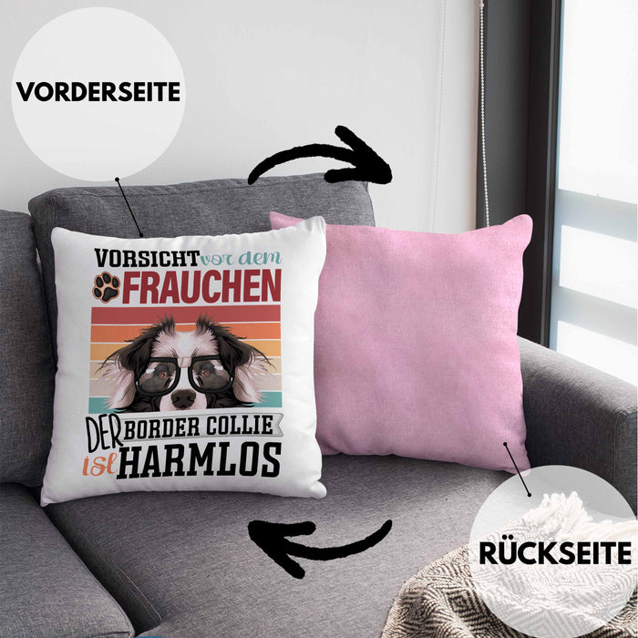 Border Collies Besitzerin Frauchen Kissen mit Füllung 40x40 Geschenk Lustiger Spruch Geschenkidee Vorsicht Vor Dem Frauchen (Grau) Rosa Trendation