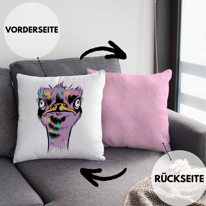 Lustige Strauß Vogel Kissen mit Füllung 40x40 Geschenk für Safari-Liebhaber (Grau) Rosa Trendation