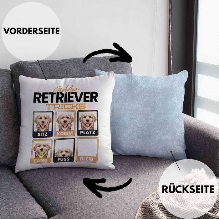 Golden Retriever Besitzer Kissen mit Füllung 40x40 Geschenk Lustiger Spruch Geschenkidee Golden Retriever Tricks Bleib (Grau) Blau Trendation