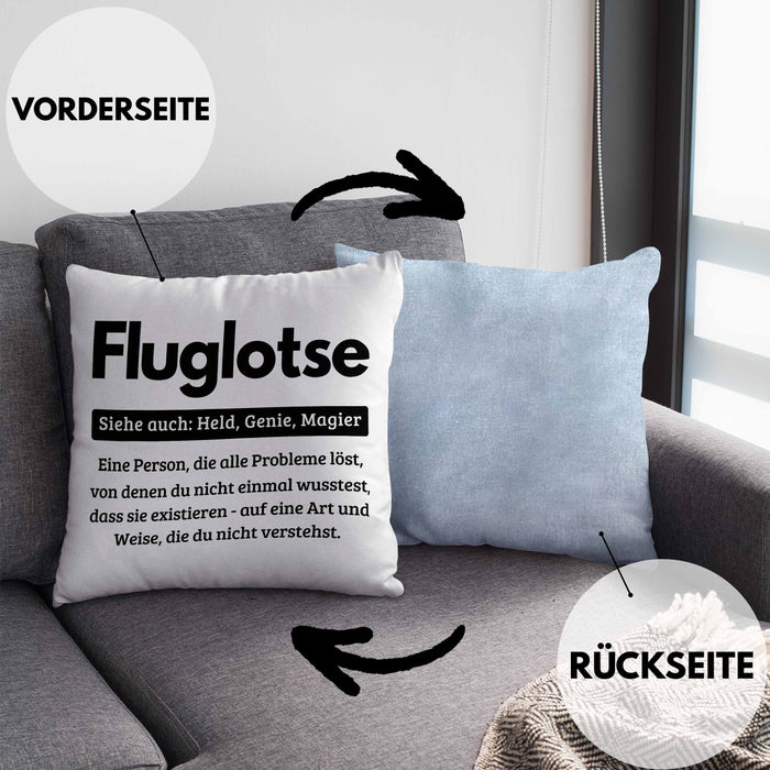 Fluglotse Kissen mit Füllung 40x40 Geschenk Spruch für Fluglotsen Geschenkidee (Grau) Blau Trendation