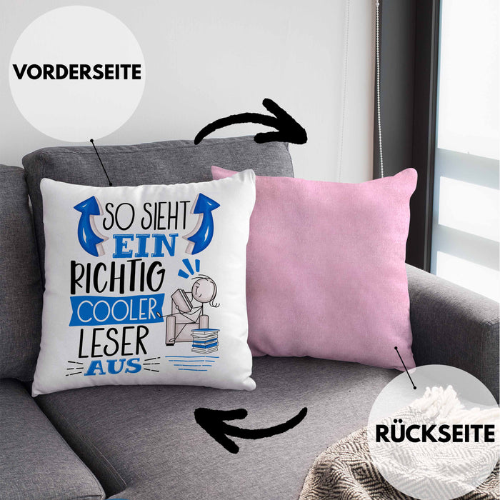 So Sieht Ein Richtig Cooler Leser Aus Geschenk Kissen mit Füllung 40x40 Lustiger Spruch Geschenkidee (Grau) Rosa Trendation