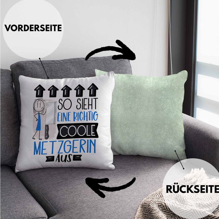 Metzgerin Geschenk Kissen mit Füllung 40x40 Geschenkidee für Metzgerin Geburtstag Weihnachten Spruch So Sieht Eine Richtig Coole Metzgerin Aus (Grau) Grün Trendation