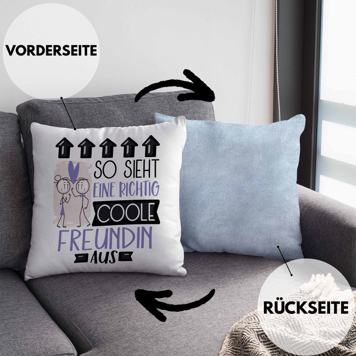 Freundin Geschenk Kissen mit Füllung 40x40 Lustig Geschenkidee für Freundin Geburtstag So Sieht Eine Richtig Coole Freundin Aus Frauen Spruch (Grau) Blau Trendation