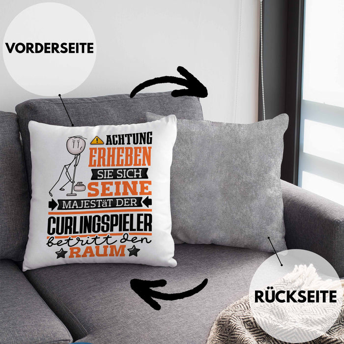 Curlingspieler Geschenk Kissen mit Füllung 40x40 Lustiger Spruch Erheben Sie Sich Der Curlingspieler Betritt den Raum (Grau) Grau Trendation