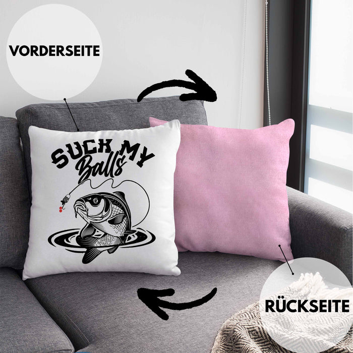Fischer Karpfen Angler Geschenk Kissen mit Füllung 40x40 Fischer Fisch Suck My Balls Anglergeschenke (Grau) Rosa Trendation