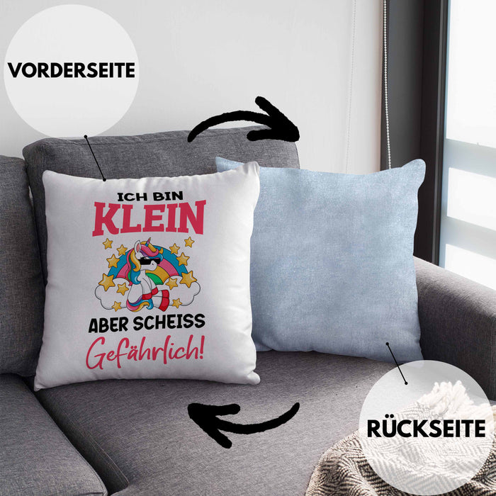Klein Aber Sch Gefährlich Lustige Einhorn Kissen mit Füllung 40x40 mit Spruch Geschenkidee Einhornfans Sprüche Frauen (Grau) Blau Trendation