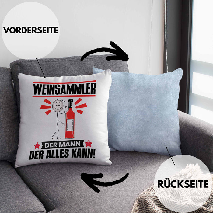 Weinsammler Kissen mit Füllung 40x40 Geschenk für Weinsammler Der Mann Der Alles Kann Geschenkidee zum Geburtstag (Grau) Blau Trendation