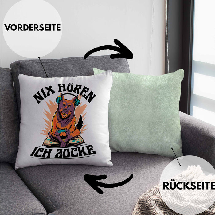 Zocker Geschenk Kissen mit Füllung 40x40 Nix Hören ich Zocke Jungs Jungen Geschenkidee zum Zocken (Grau) Grün Trendation