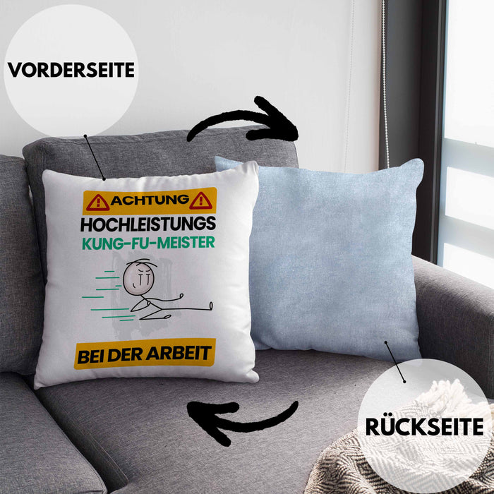 Kung-Fu-Meister Kissen mit Füllung 40x40 Geschenk Lustiger Spruch Geschenkidee für Kung-Fu-Meister Achtung Hochleistungs Kung-Fu-Meister Bei Der Arbeit (Grau) Blau Trendation