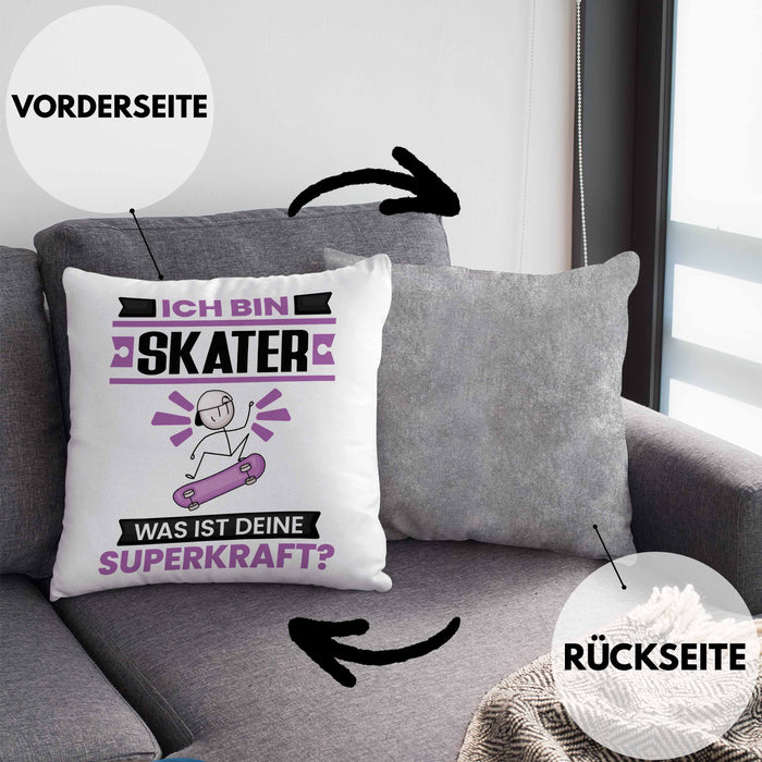 Skater Kissen mit Füllung 40x40 Geschenk für Skater Geburtstag Lustiger Spruch Was Ist Deine Superkraft (Grau) Grau Trendation