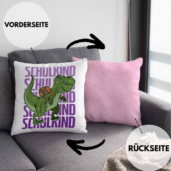 Einschulung Kissen mit Füllung 40x40 Geschenk Jungs Erster Schultag: Lustige T-Rex Dino Kissen mit Füllung 40x40 für Schulkind (Grau) Rosa Trendation