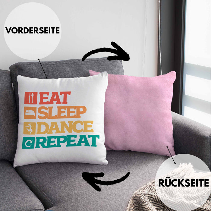 Lustige Tänzer Kissen mit Füllung 40x40 Geschenk für Tanzbegeisterte Tanzlehrer Grafik Eat Sleep Dance Repeat (Grau) Rosa Trendation