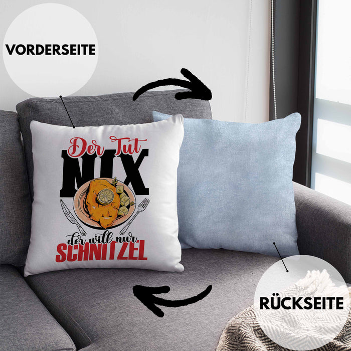 Schnitzel Kissen mit Füllung 40x40 "Der tut nix, der will nur Schnitzel" Geschenkidee für Schnitzelliebhaber (Grau) Blau Trendation
