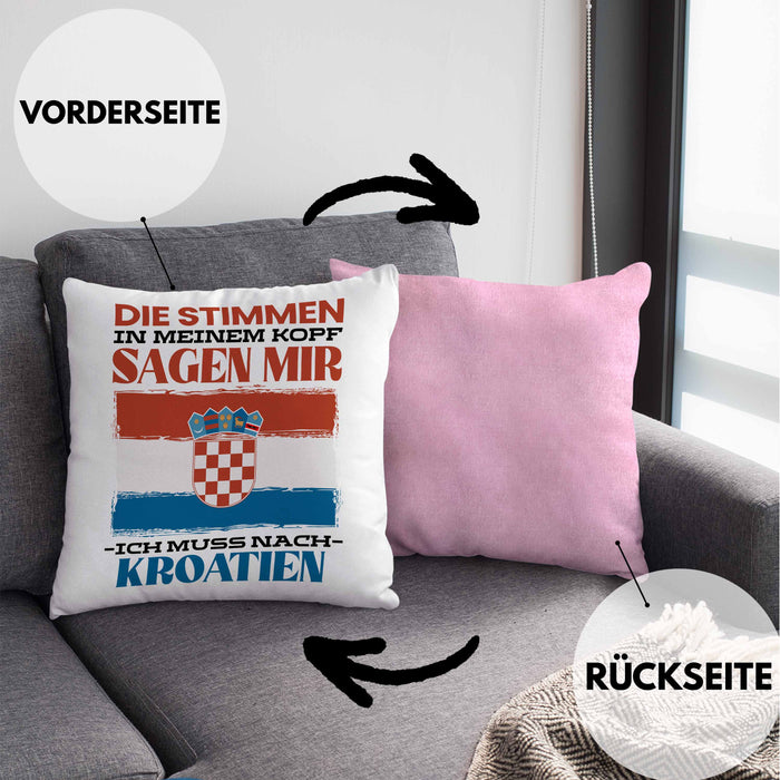 Kroatien Kissen mit Füllung 40x40 Urlaub Heimat Geschenk Spruch Kroatie Geschenkidee (Grau) Rosa Trendation
