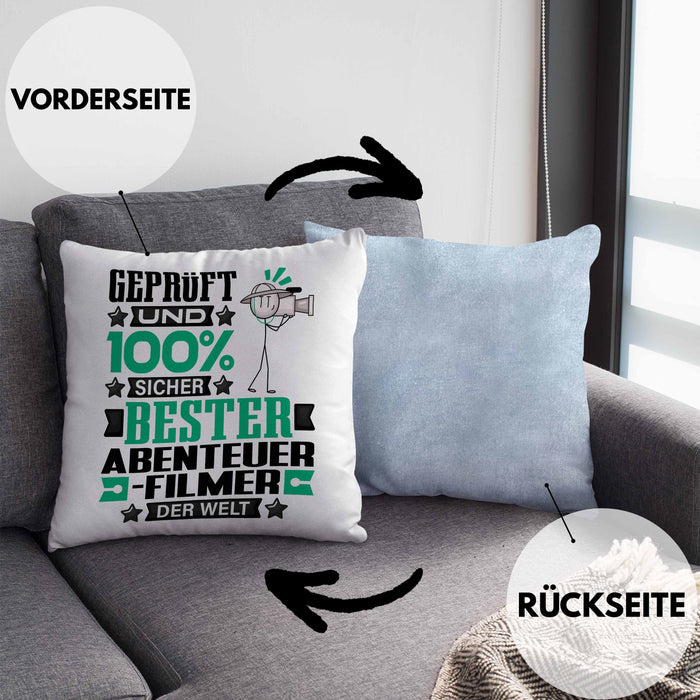 Abenteuerfilmer Geschenk Lustiger Spruch für Abenteuerfilmer Geschenkidee Bester Abenteuerfilmer Der WeltKissen mit Füllung 40x40 (Grau) Blau Trendation