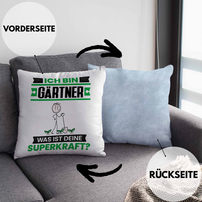 Gärtner Kissen mit Füllung 40x40 Geschenk für Gärtner Geburtstag Lustiger Spruch Was Ist Deine Superkraft (Grau) Blau Trendation
