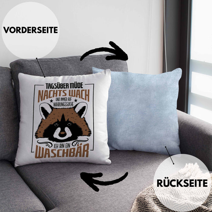 Waschbär Kissen mit Füllung 40x40 Geschenk Tagsüber Müde Nachts Wach Lustiger Spruch Frauen Nachtaktiv (Grau) Blau Trendation