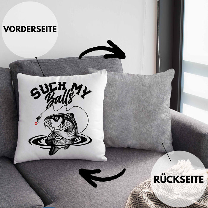 Fischer Karpfen Angler Geschenk Kissen mit Füllung 40x40 Fischer Fisch Suck My Balls Anglergeschenke (Grau) Grau Trendation
