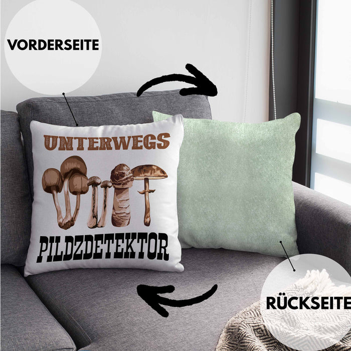 Pilzsammler Geschenk Kissen mit Füllung 40x40 Pilze Sammeln Geschenkidee Pilzsucher Pilzliebhaber Spruch (Grau) Grün Trendation
