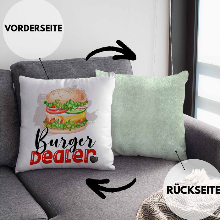 Burger Dealer Kissen mit Füllung 40x40 Geschenk für Besten Burgerverkäufer Geburtstag Spruch Geschenkidee (Grau) Grün Trendation