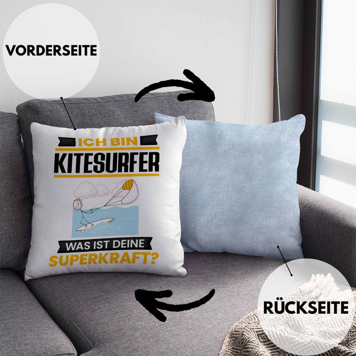Kitesurfer Kissen mit Füllung 40x40 Geschenk für Kitesurfer Geburtstag Lustiger Spruch Was Ist Deine Superkraft (Grau) Blau Trendation