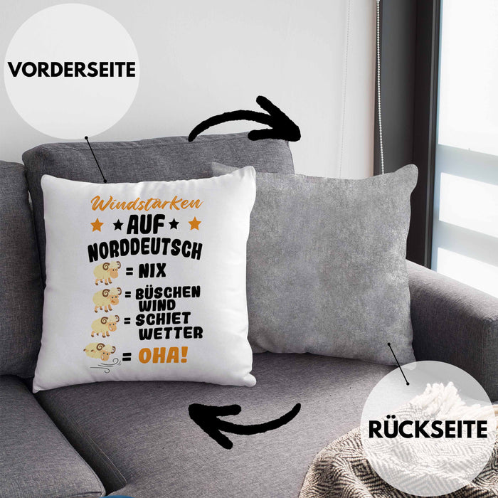 Windstärken Auf Norddeutsch Kissen mit Füllung 40x40 Geschenk Norddeutschland Spruch Büschen Wind Schiet Wetter (Grau) Grau Trendation
