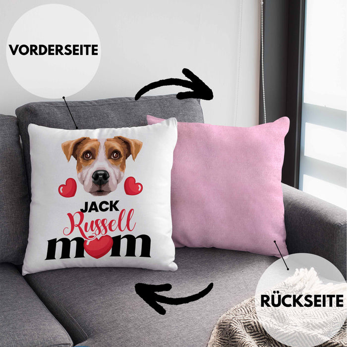 Jack Russell Besitzer Mom Mama Kissen mit Füllung 40x40 Geschenk Lustiger Spruch Geschenkidee Jack Russell Besitzerin (Grau) Rosa Trendation