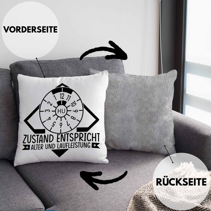 KFZ Mechaniker Kissen mit Füllung 40x40 Geschenk Spruch Männer KFZ Mechatroniker Geschenkidee Werkstatt Zustand Entispricht Alter Und Laufleistung (Grau) Grau Trendation