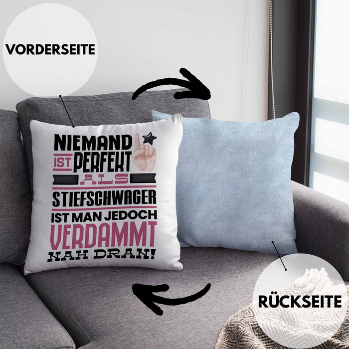 Stiefschwager Geschenk Kissen mit Füllung 40x40 Lustige Geschenkidee für Stiefschwager Geburtstag Niemand Ist Perfekt Aber Als Stiefschwager Ist Man Nah Dran (Grau) Blau Trendation