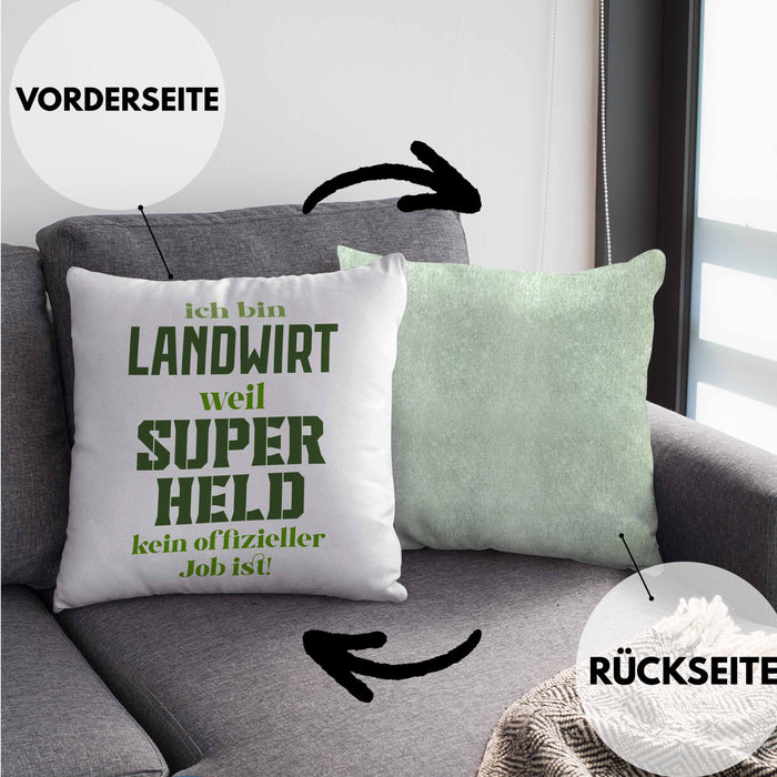 Landwirt Geschenk Kissen mit Füllung 40x40 Landwirtschaft Geschenke für Männer Traktor Spruch Superheld (Grau) Grün Trendation