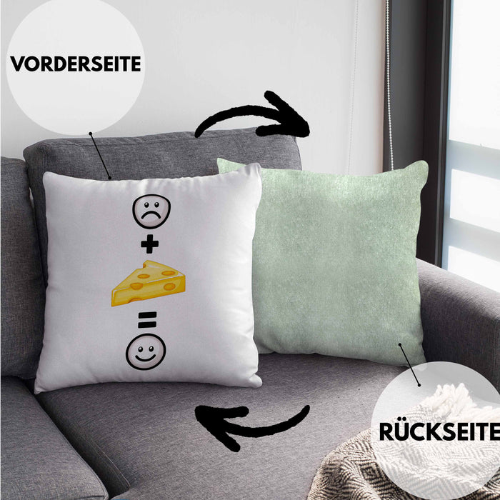 Käse Kissen mit Füllung 40x40 Geschenk für Käse-Liebhaber Fans Lustige Geschenkidee :( + Käse = :) Geburtstag (Grau) Grün Trendation