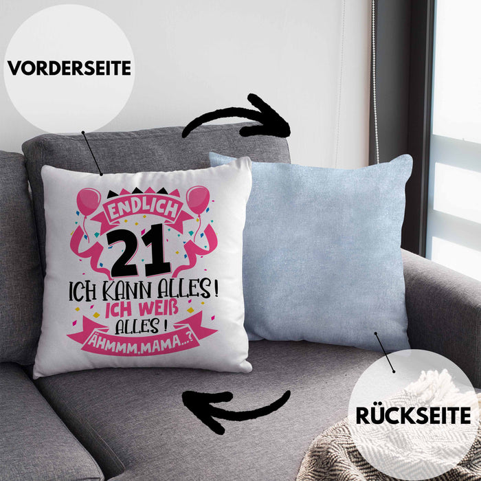 21. Geburtstag Geschenk Kissen mit Füllung 40x40 Frauen Mädchen Geschenkidee Endlich 21 Ich Kann Alles Ich Weiß Alles Ähm Mama (Grau) Blau Trendation
