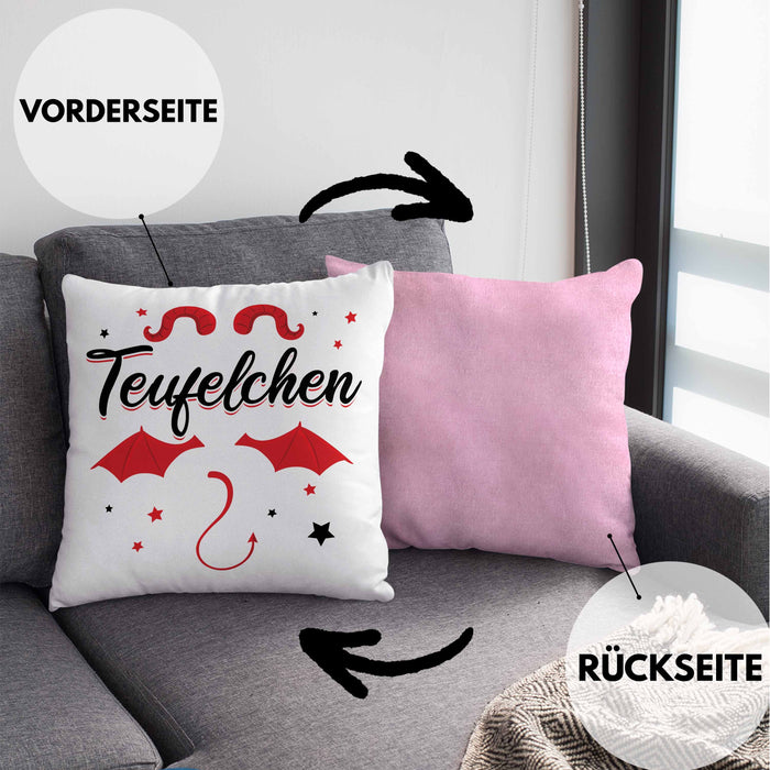 Teufelchen Kissen mit Füllung 40x40 Geschenk für Frauen Teufel (Grau) Rosa Trendation
