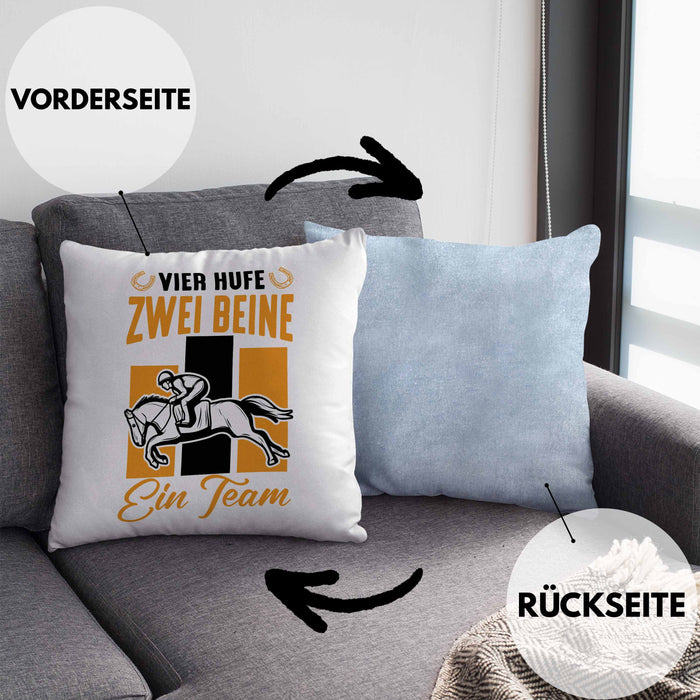 Reiterin Pferd Kissen mit Füllung 40x40 Geschenk Team Vier Hufe Zwei Beine Ein Team Pferde-Liebhaberin Geschenk (Grau) Blau Trendation