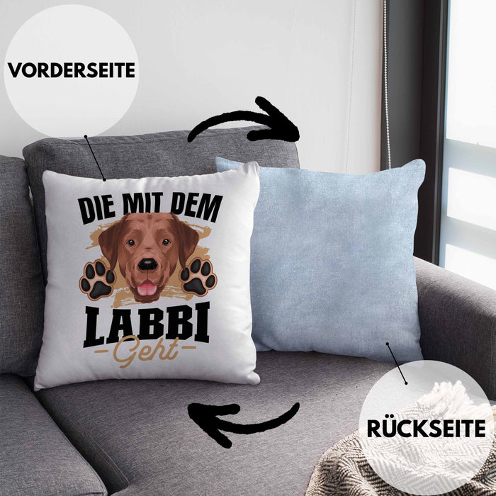 Die Mit Dem Labbi Geht Kissen mit Füllung 40x40 Gassi Gehen Labrador Besitzerin Geschenkidee Frauchen Geschenk (Grau) Blau Trendation