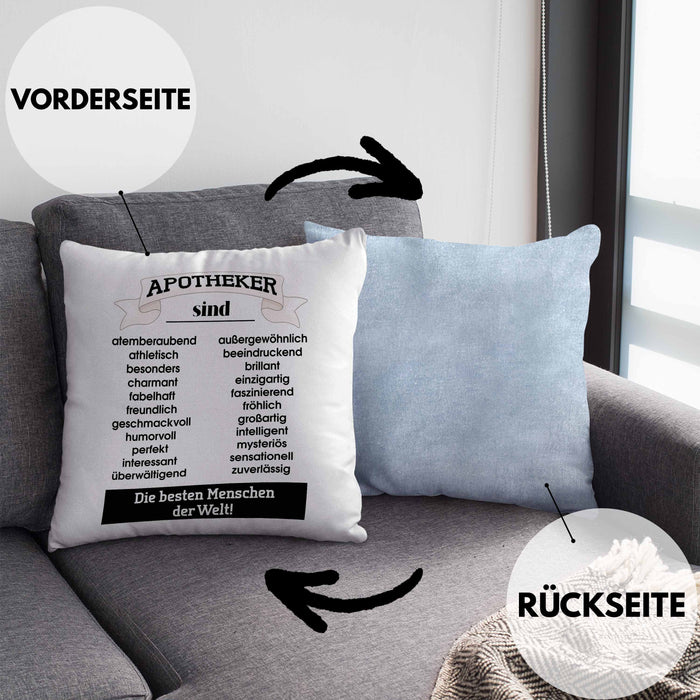 Apotheker Kissen mit Füllung 40x40 Geschenk Bester Apotheker Pharmazeut Arzneikundiger Spruch Lustiger Spruch (Grau) Blau Trendation