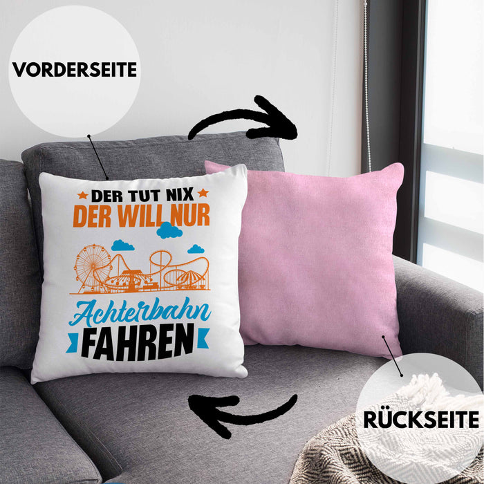 Achterbahn Kissen mit Füllung 40x40 Geschenk Der Tut Nix Der Will Nur Achterbahn Fahren Geschenkidee Erlebnispark (Grau) Rosa Trendation